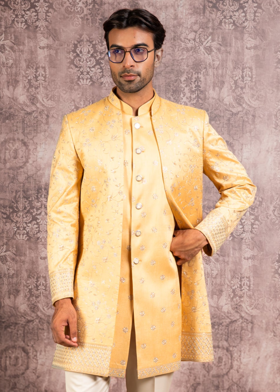 yellow embroidered open indowestern