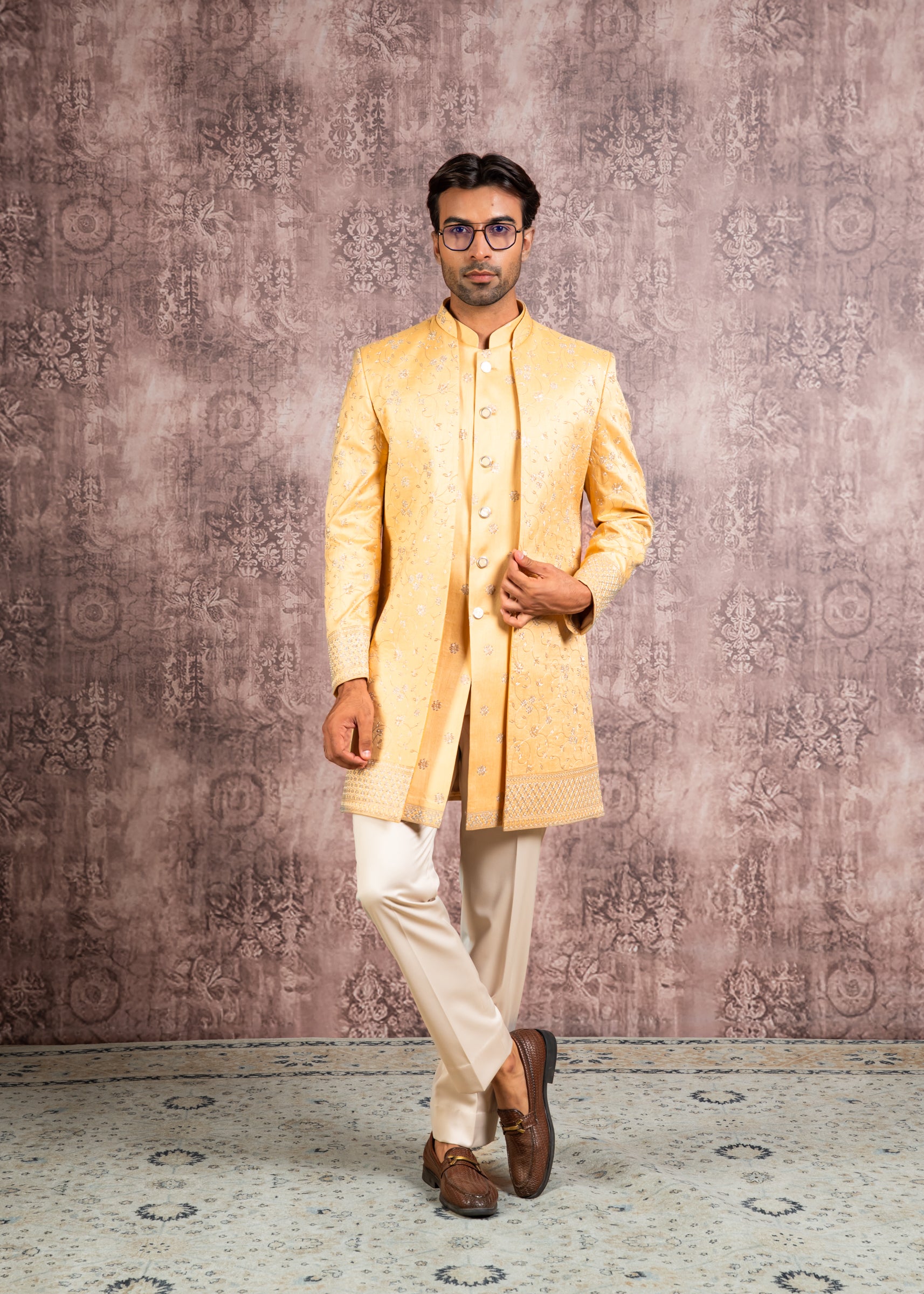 yellow embroidered open indowestern