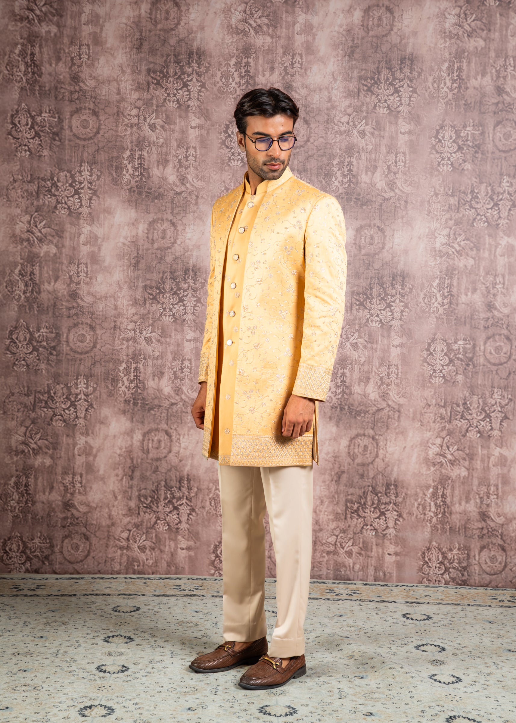 yellow embroidered open indowestern