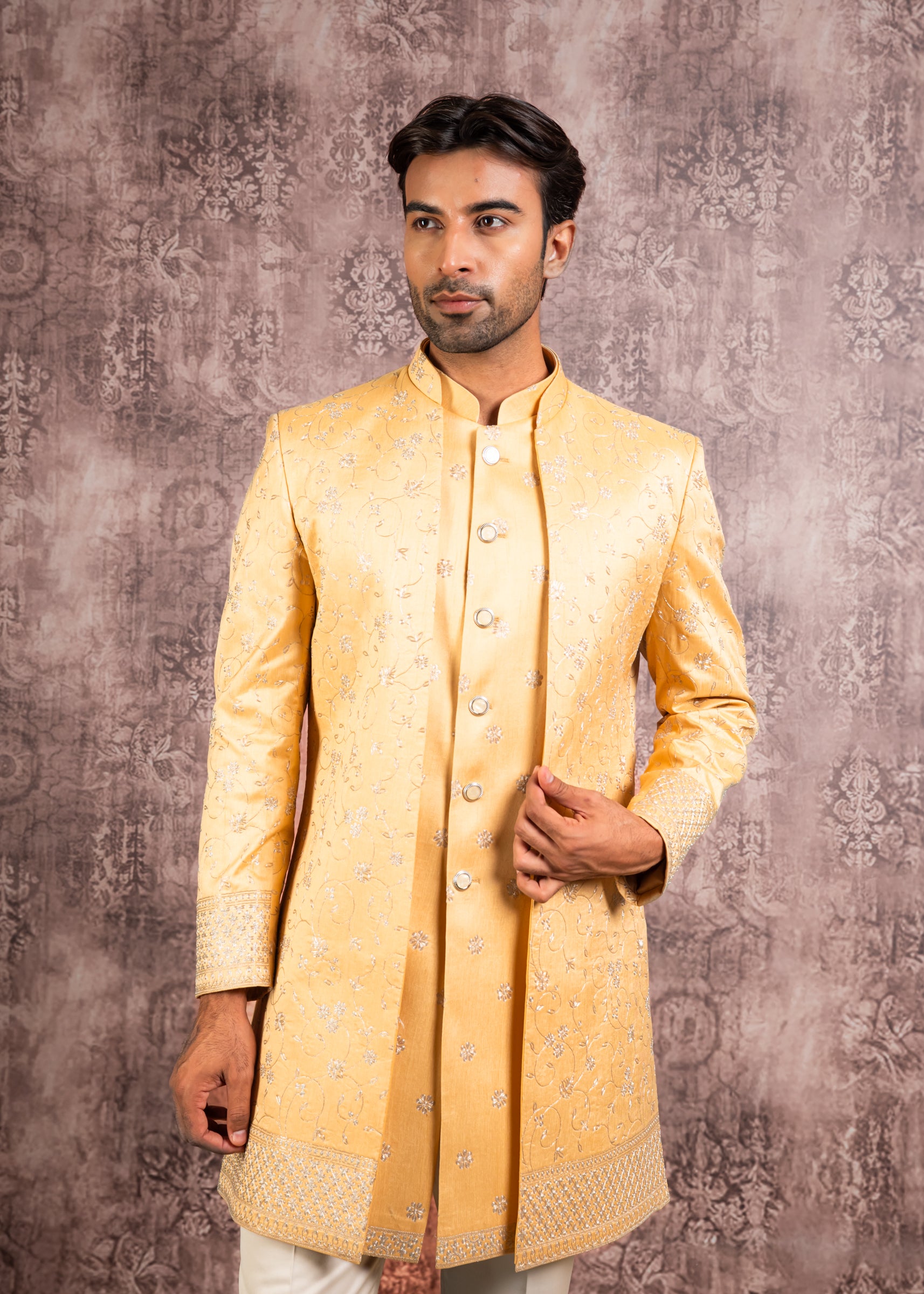 yellow embroidered open indowestern
