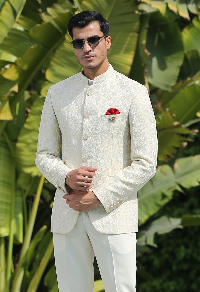 Enriching Beige Color Readymade Rayon Fabric Jodhpuri Suit