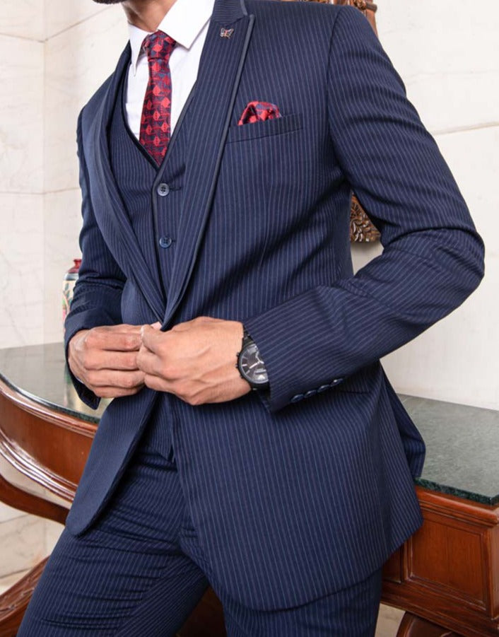 Stylish Blue Striped Suit with Waistcoat - Perfect for Weddings and Formal Occasions

