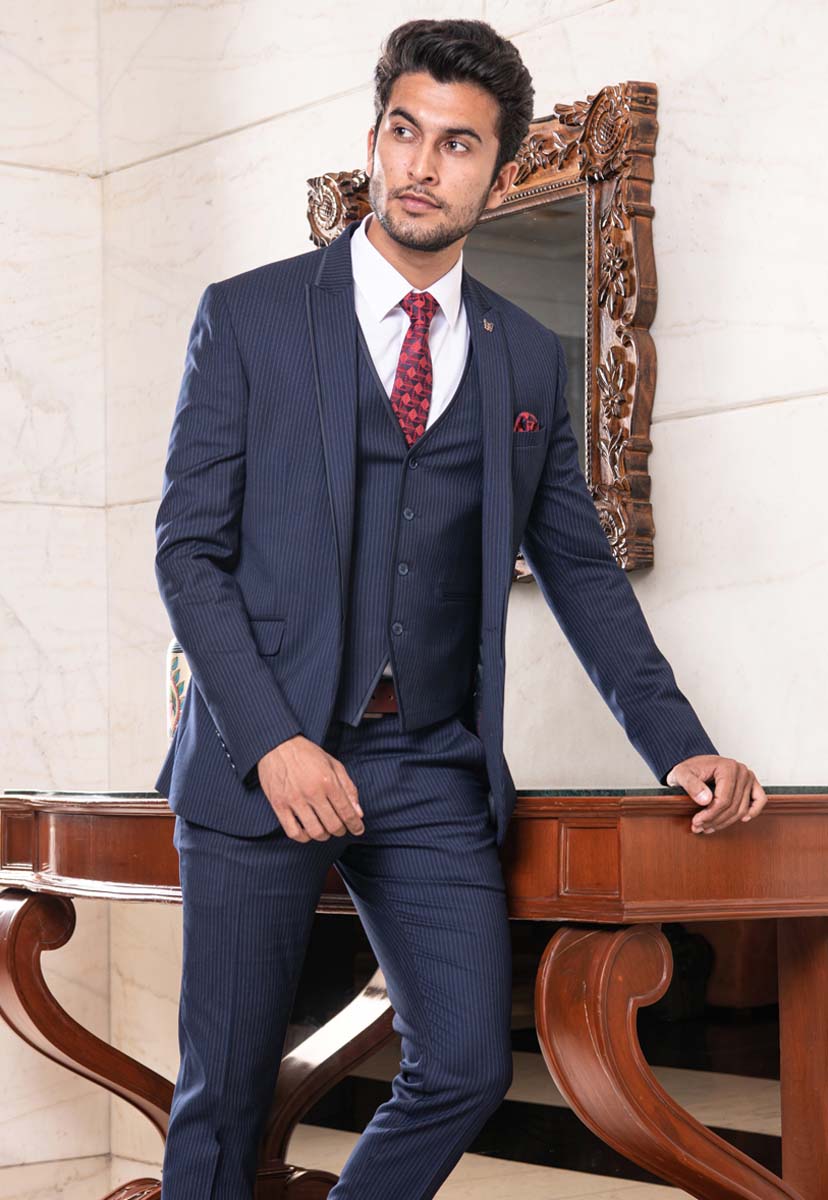 Men's Blue Striped Suit with Vest - Classic Formal Wear

