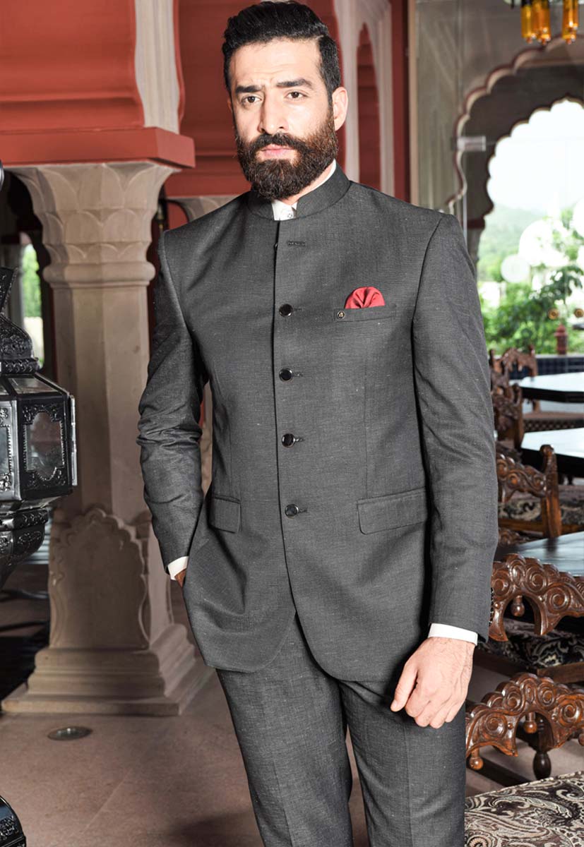 Classic Dark Grey Bandhgala Suit Bonsoir - Main Image
