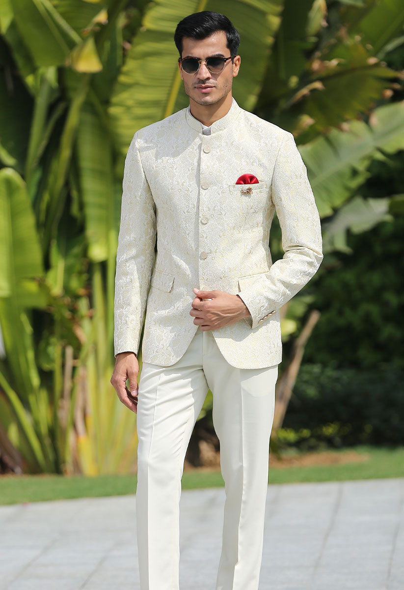 Trendy Cream Jacquard Bandhgala - Modern Indian Fashion

