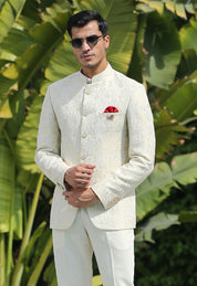 Men's Cream Jacquard Bandhgala Suit - Traditional Indian Attire

