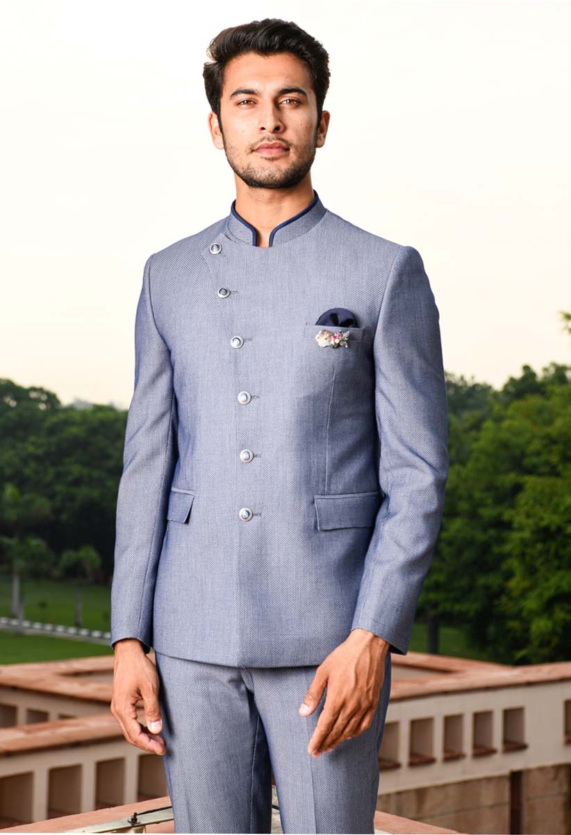 Angrakha Style Blue Bandhgala Suit