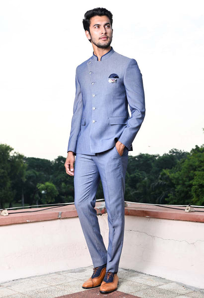 Angrakha Style Blue Bandhgala Suit – Bonsoir
