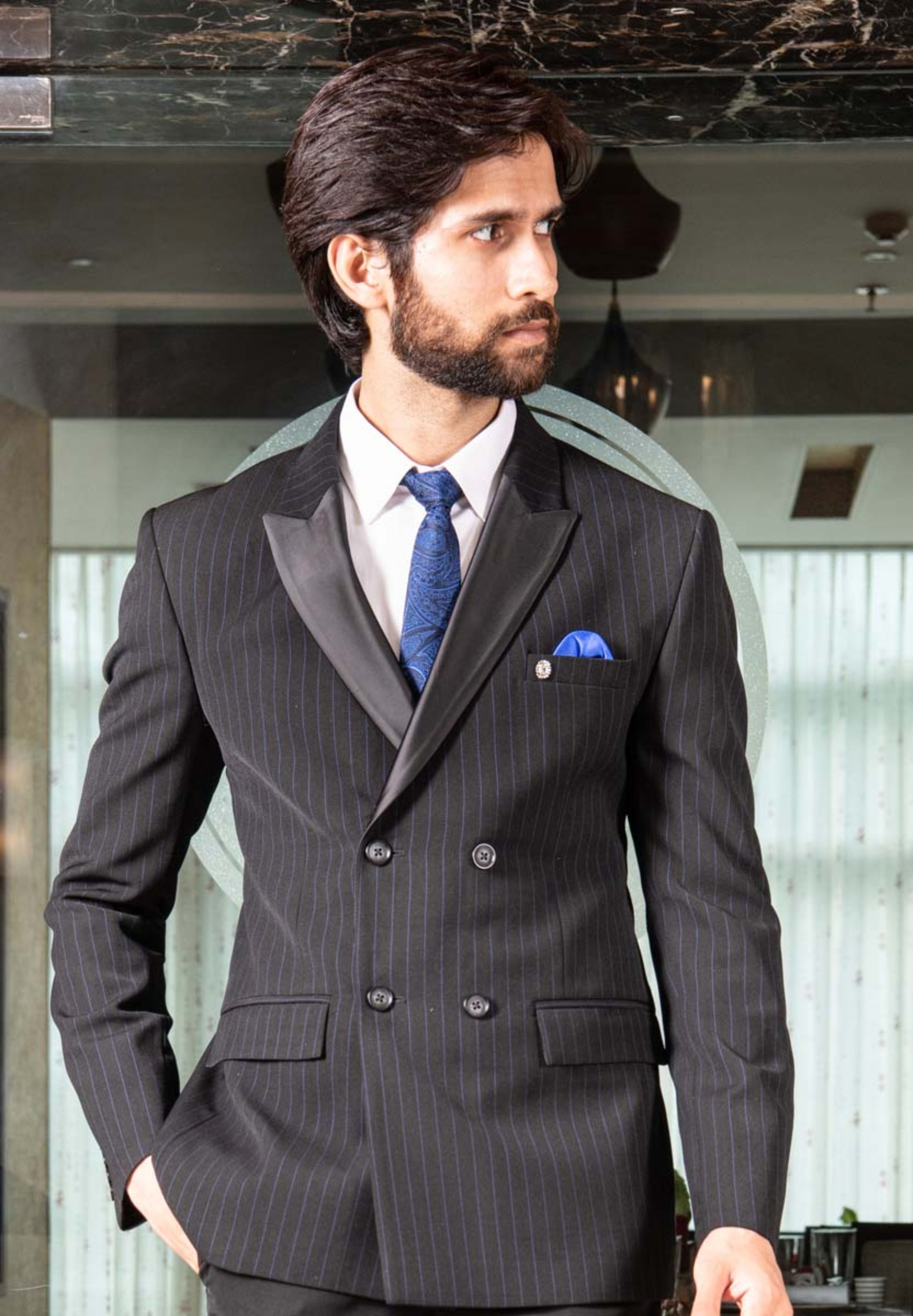Stylish Dark Blue Striped Suit - Perfect for Weddings and Formal Occasions

