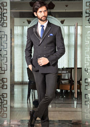 Men's Dark Blue Double-Breasted Stripe Suit - Classic Formal Wear


