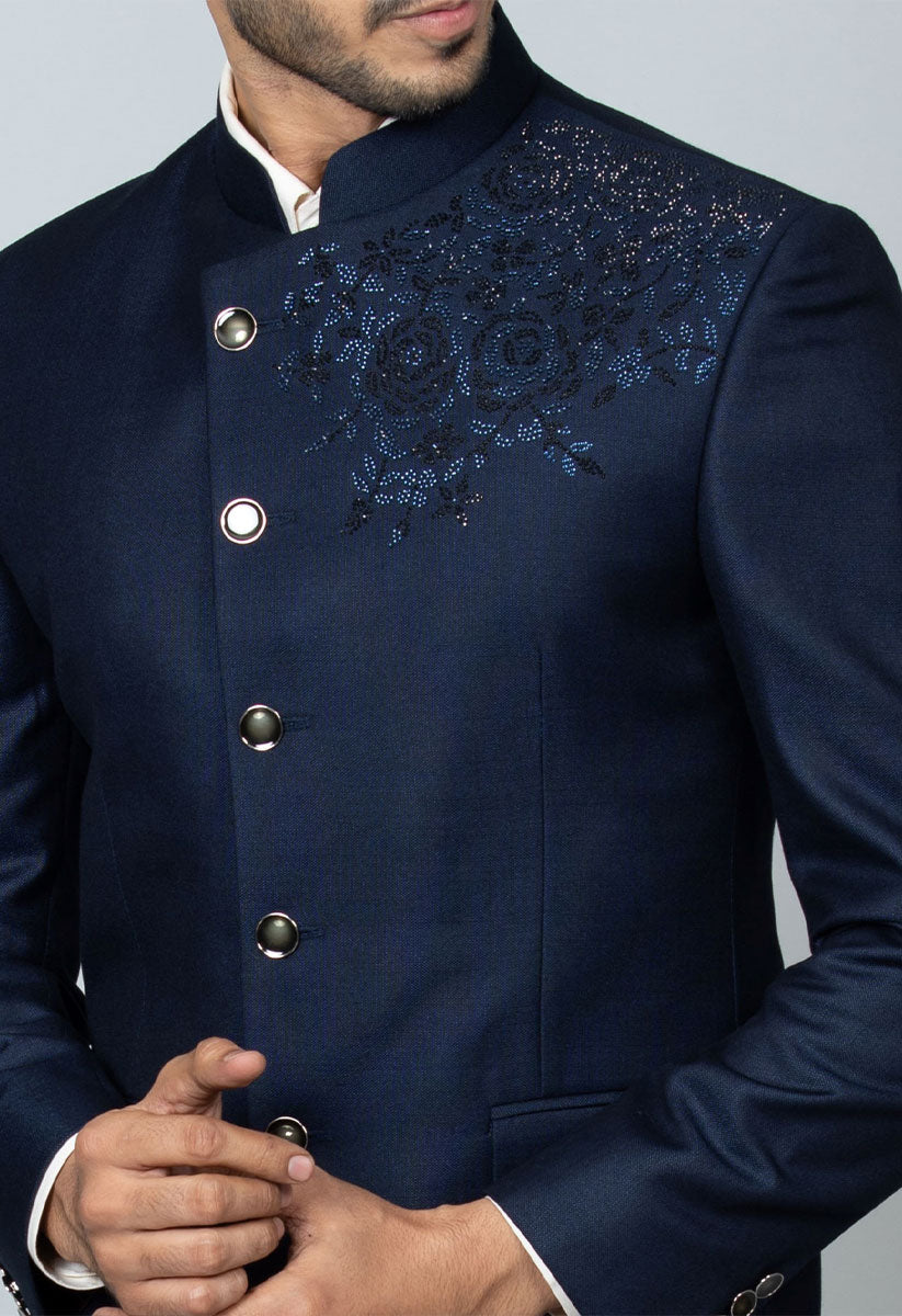 Stylish Navy Blue Bandhgala with Crystal Embellishments - Perfect for Weddings and Parties

