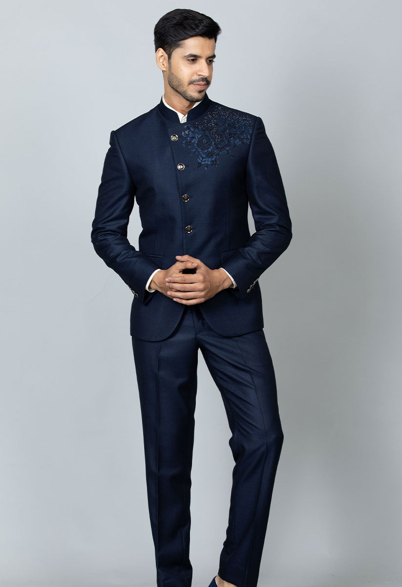 Men's Designer Navy Blue Bandhgala Suit with Crystal Work - Luxury Indian Attire

