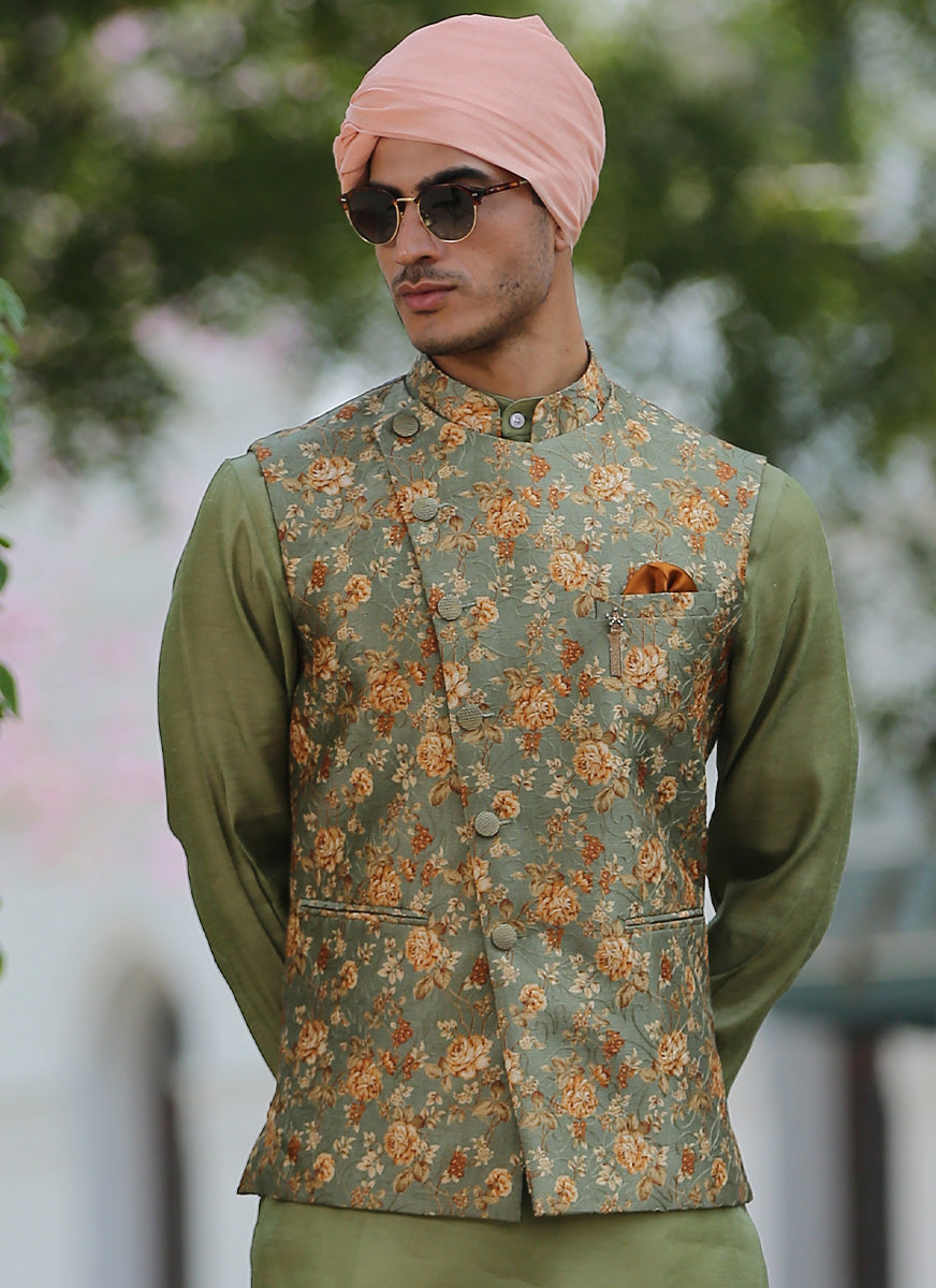 Stylish Green Kurta Jacket Set with Embroidery - Perfect for Festive Occasions

