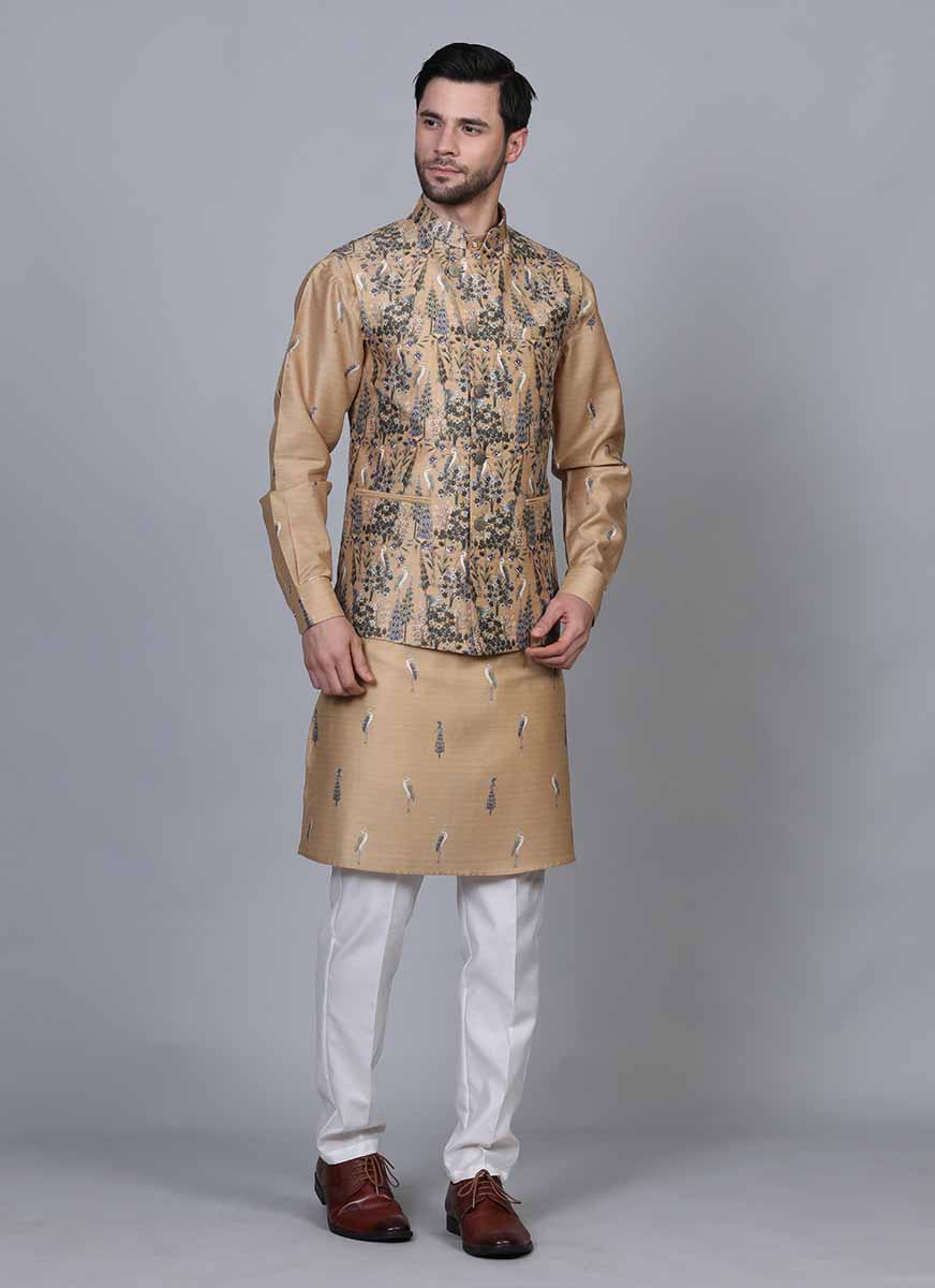 Floral printed nehru jacket with white kurta and pyjama - set of 3 by The  Weave Story | The Secret Label