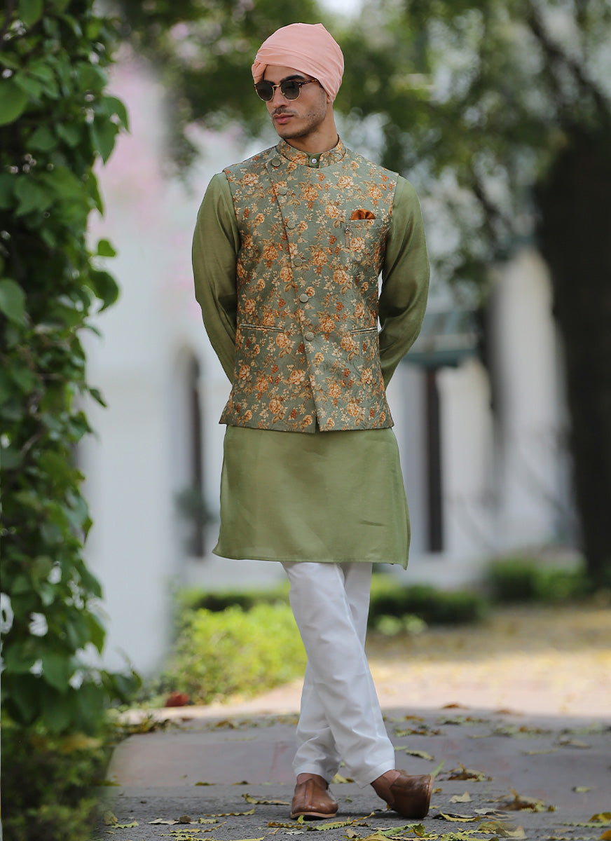 Mahendi Green Jacquard Silk Kurta Pyjama with Jacket