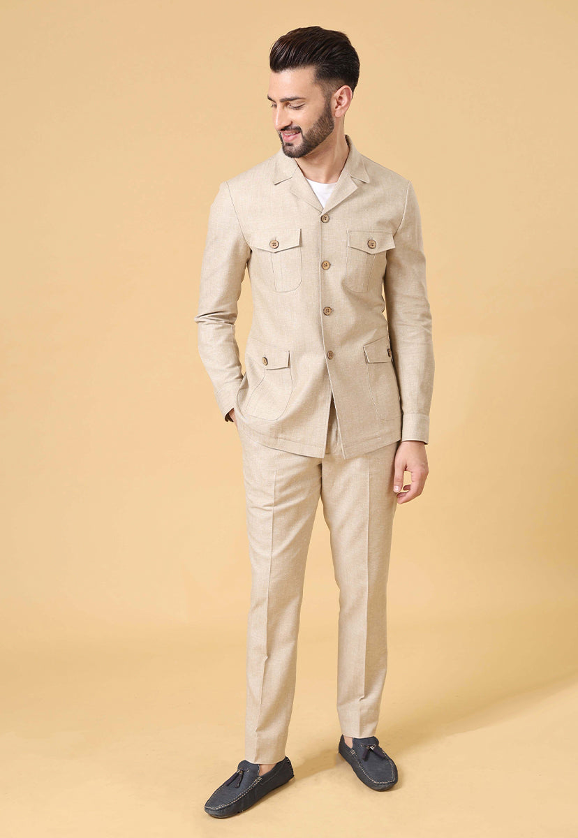 Men's Fawn Embroidered Kurta Jacket Set - Neutral and Elegant Indian Attire

