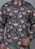 Printed Silk Kurta Set Green