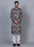 Printed Silk Kurta Set Green