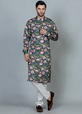 Printed Silk Kurta Set Green
