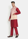 Printed Beige jacket with Red kurta set