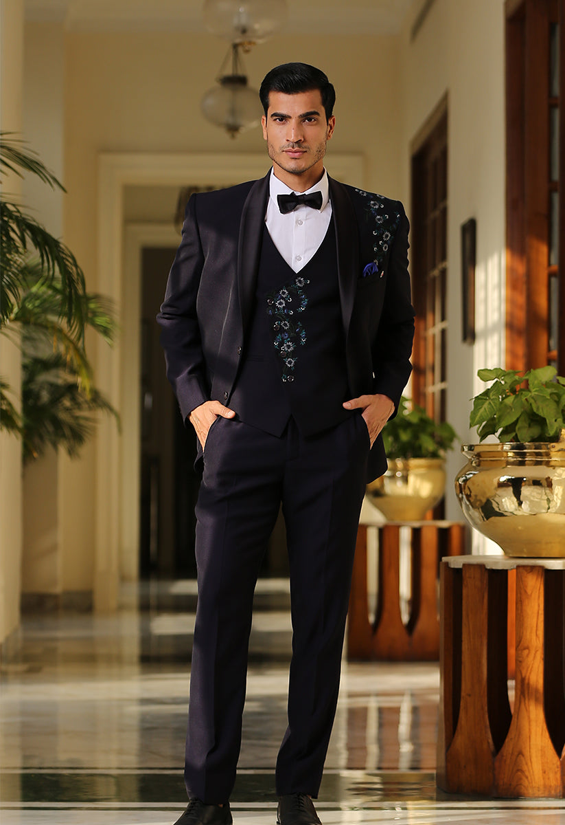 Embroidered Dark Purple Tuxedo suit with double breasted vest – Bonsoir
