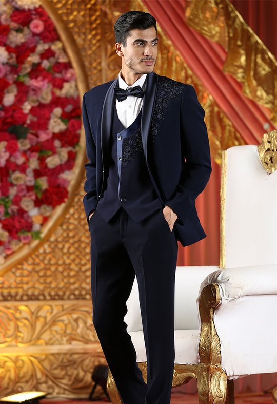 Port Gore Blue Textured Premium Terry-Rayon Wedding Tuxedo Suit For Men.