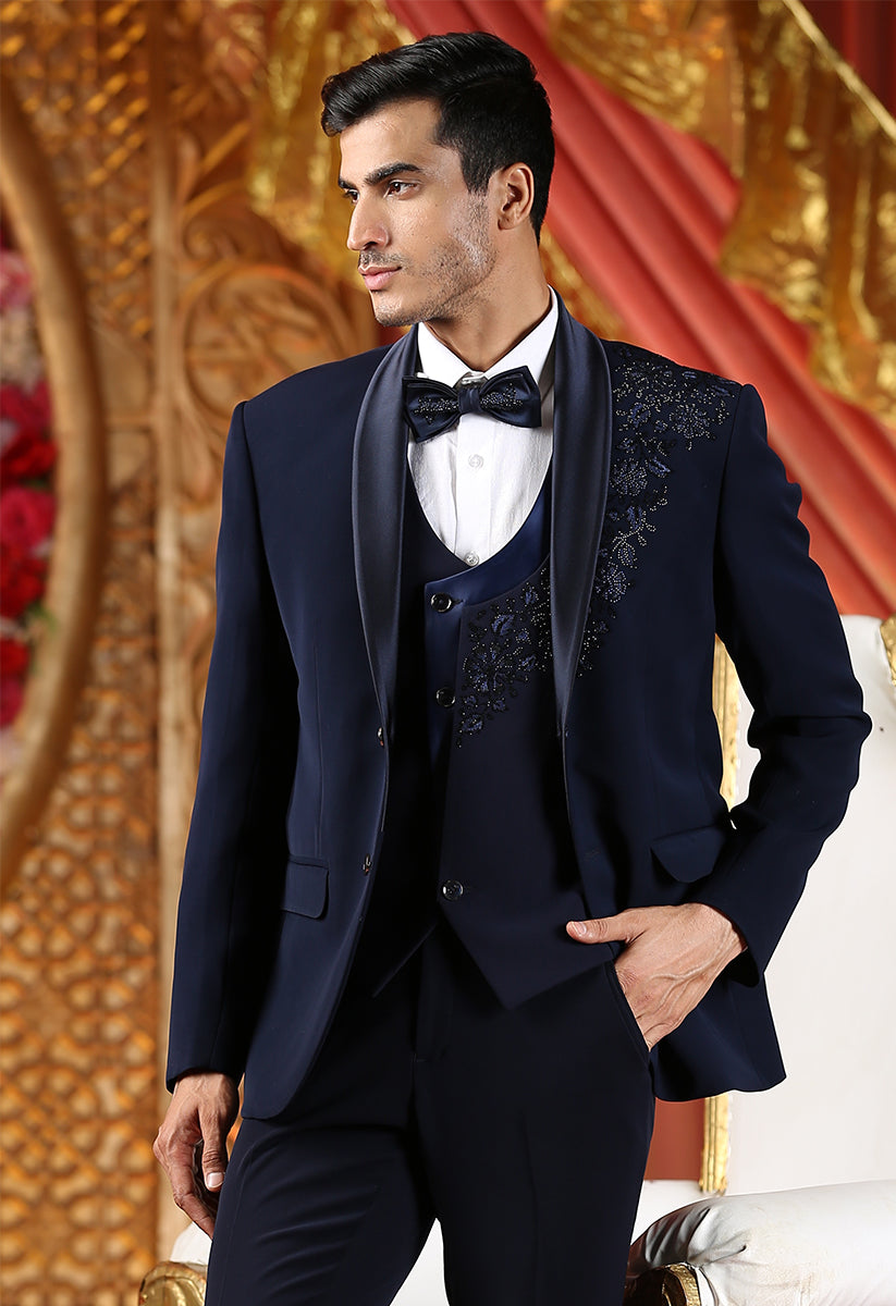 Embroidered Blue Tuxedo double breasted satin design Suit – Bonsoir