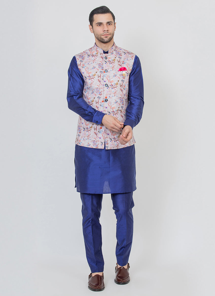 Beautiful Floral print jacket with a blue kurta set