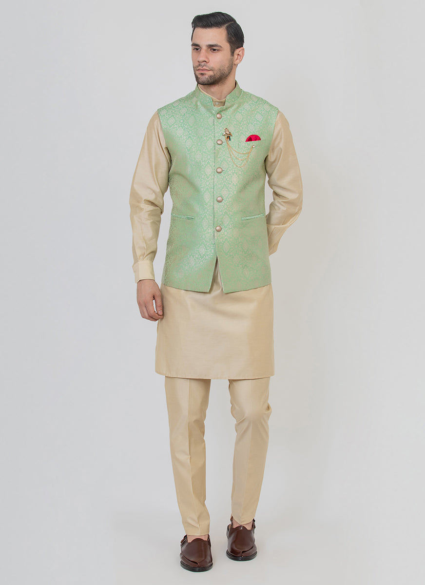 Timeless Brocade silk green jacket with a beige kurta set