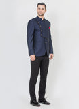Elegantly stitched blue jacquard designer Bandhgala suit